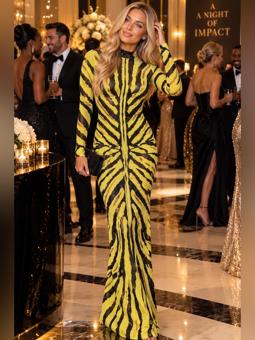 Fashion Nova Yellow and Black Zebra-Print Long Sleeve Gown